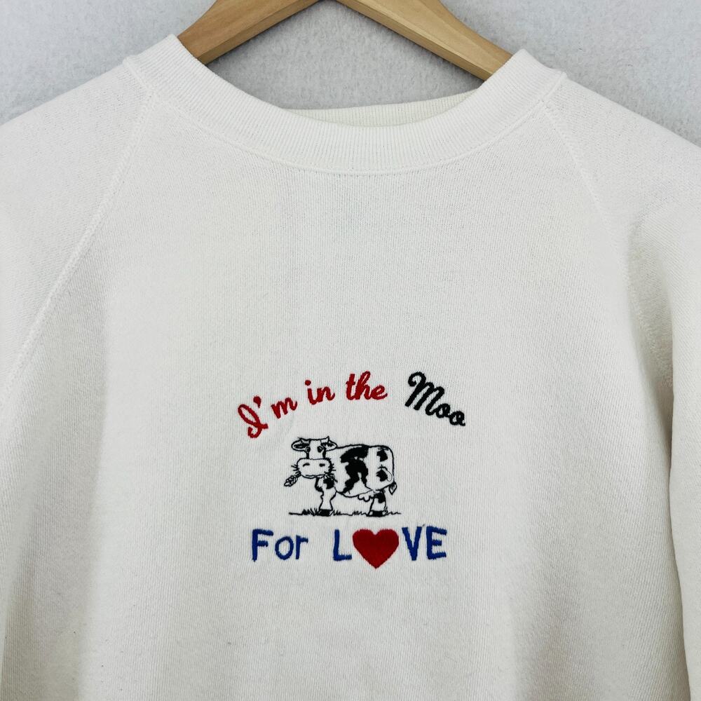 DISCUS Sweatshirt Mens XL I'M IN THE MOO FOR LOVE Cow Cotton Blend VTG White